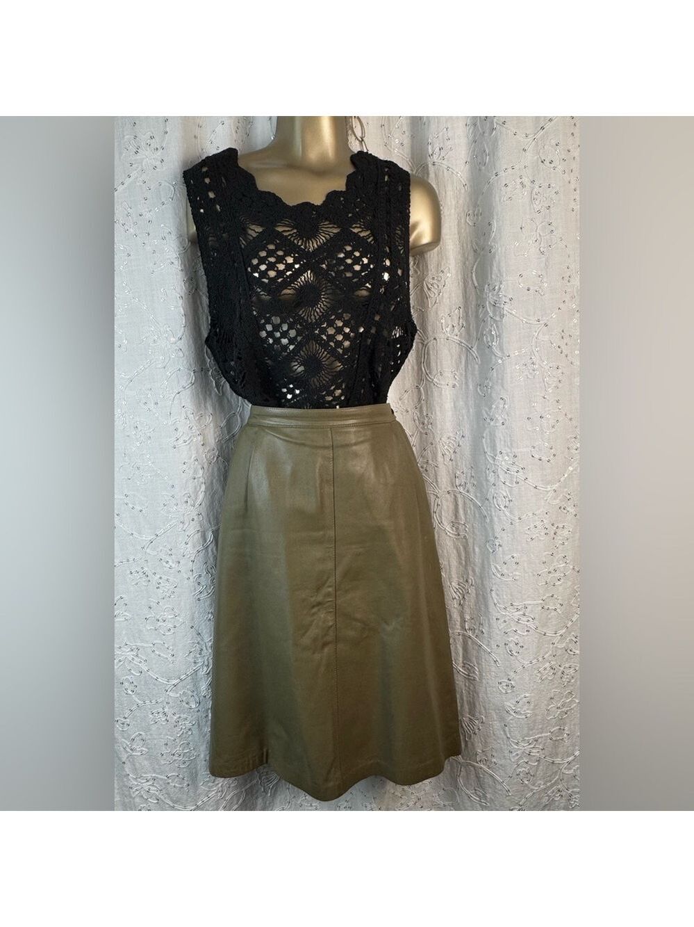 Vintage 80s Leather Jacket & Skirt Set Olive Taupe J. Porte Spain - Picture 9 of 14